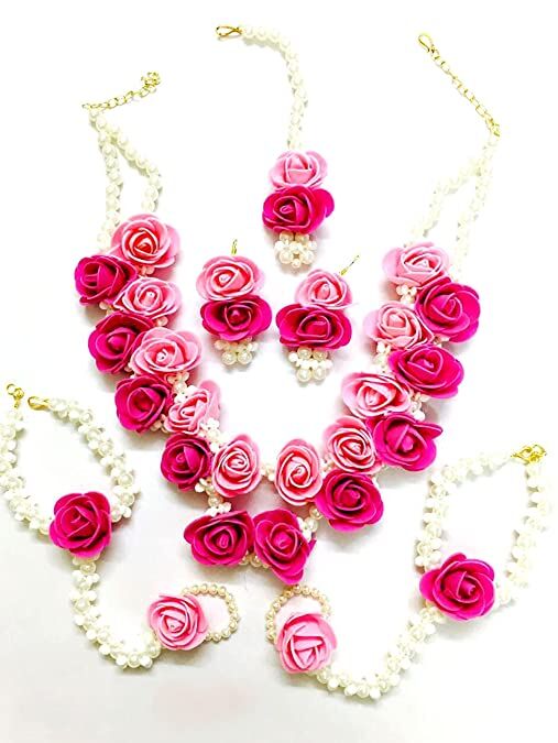 Myindiecraft Pink Flower Pearl Jewellery Set
