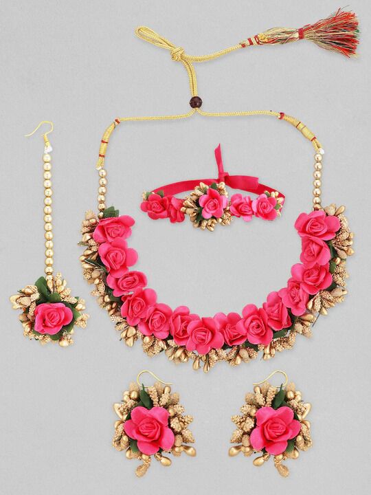 Myindiecraft Myindiecrafts Women Pink & Green Floral Jewellery Set