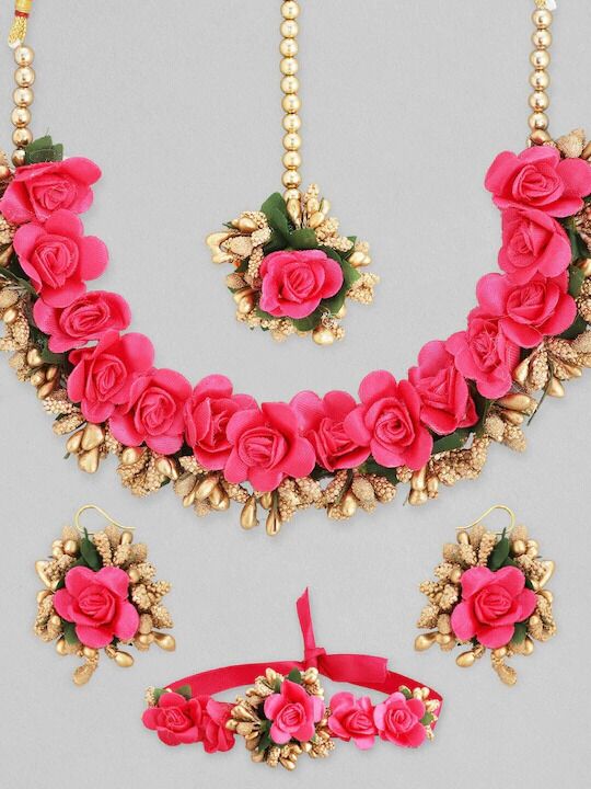 Myindiecraft Women Pink ; Green Floral Jewellery Set - Image 3