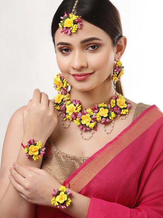 Myindiecraft Yellow and Pink Floral Jewellery Set - Image 3